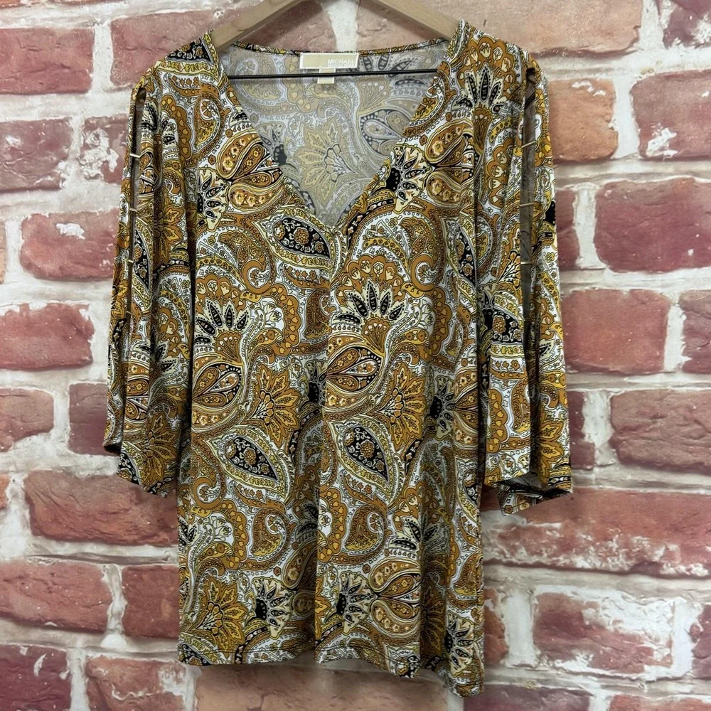 Michael Kors Top Women's L Yellow Boho Floral Metal Lattice Logo Sleeve Shirt